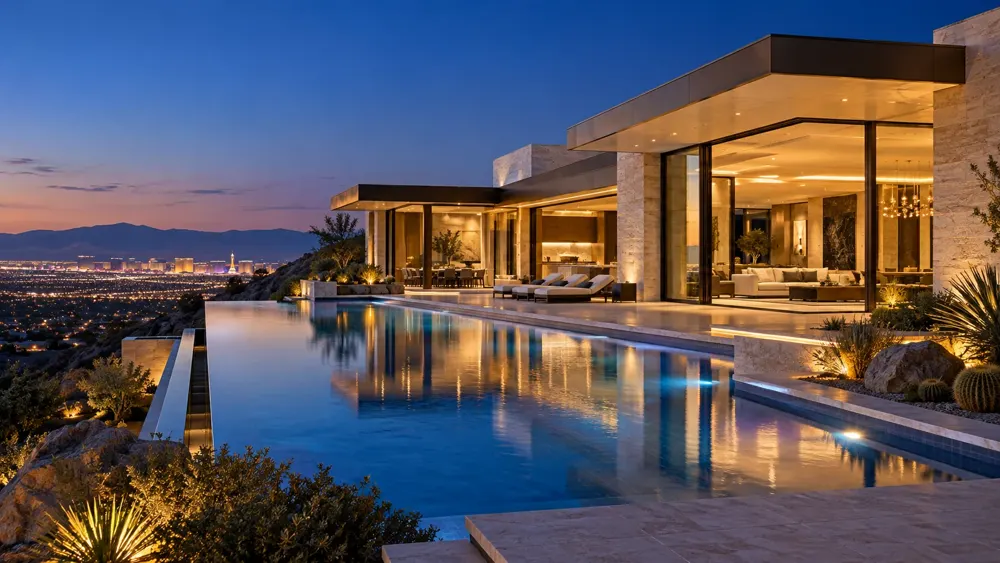 Fictional luxury Las Vegas residence at dusk